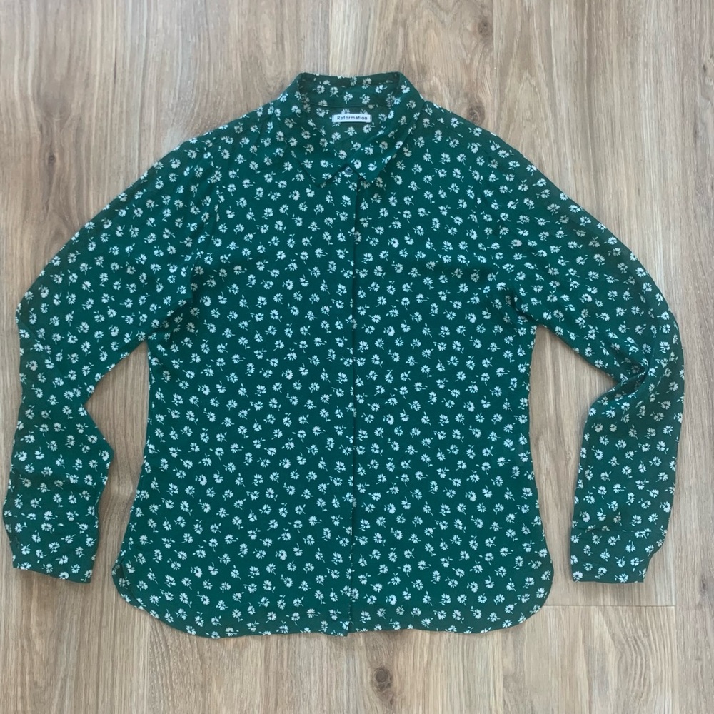 Reformation Sz M Violet Blouse in Green Ditsy Floral Print Button Up Long Sleeve